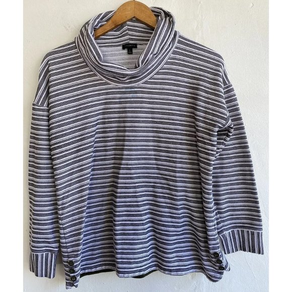 COPY - TALBOTS Cowl neck Knit Top Large Pullover Black White Striped Button Acc… - Picture 1 of 10